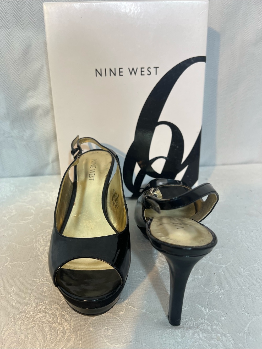 Nine West NWABLE Shoes Black Patent Leather Peep Toes Slingback Stilettos 7M👍